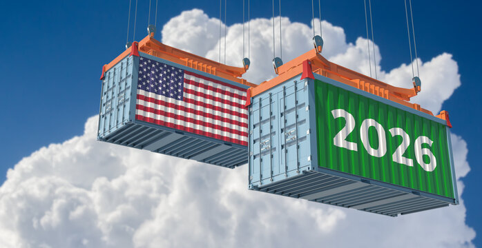 Trading 2026. Freight container with USA national flag. 3D Rendering 