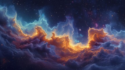 A vibrant cosmic nebula with glowing orange and blue gas clouds. Expansive deep space background with a starfield. Celestial astronomy and science fiction wallpaper