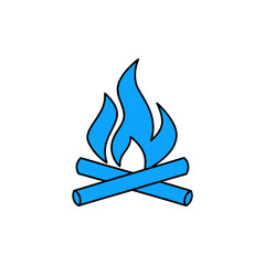 Blue campfire with logs and flames in simple style on transparent background