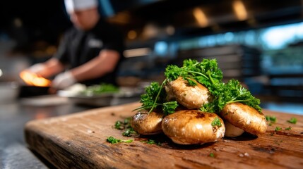 A chef skillfully prepares gourmet mushrooms on a cutting board in a bustling kitchen setting, highlighting culinary artistry and gastronomy in a warm and inviting atmosphere.