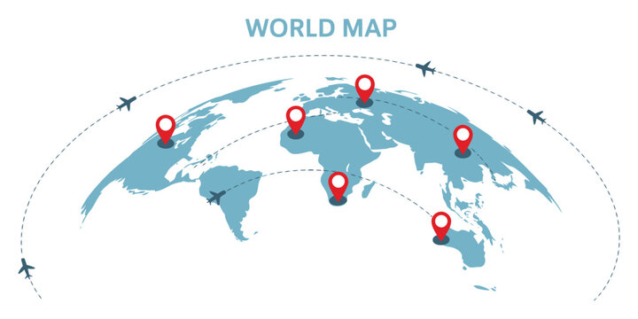 Infographic vector world map with multiple locations, red pointers, simple communication template, global map illustration for presentations, business, data visualization, and infographic design.