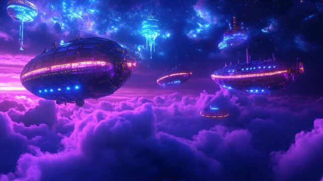 Futuristic airships floating amidst vivid purple clouds in a starry sky