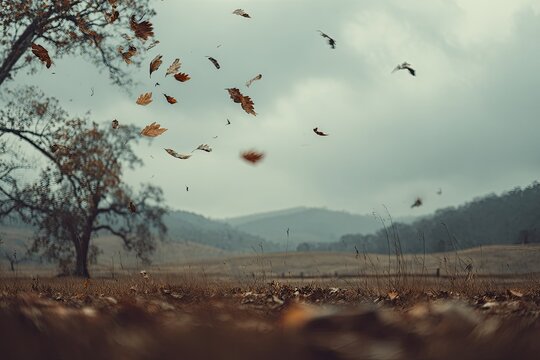 Autumn leaves are blowing across a field, with trees and mountains in the background