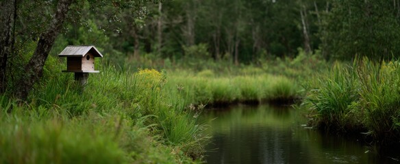 Obraz premium Wood duck nesting box cozy as a secret treasure in a lush wetland jungle