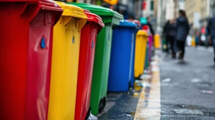 Colorful recycling bins line the street. Each bin represents a different waste category. Join the movement for a cleaner planet. Generative AI