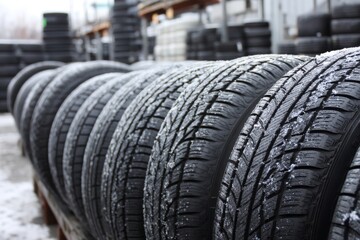 Many winter car tires are neatly arranged in a long row, lightly dusted with snow, ready for use in cold weather.