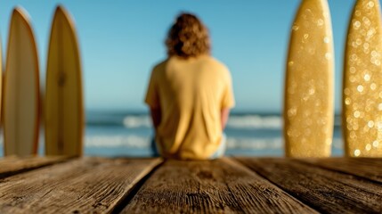 A contemplative figure with curly hair sits on a wooden deck by the beach, surrounded by surfboards as waves crash in the background under a clear blue sky.