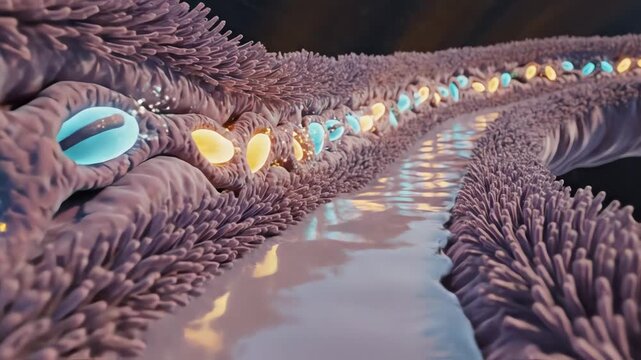 Inside a renal tubule, showing filtrate flowing smoothly along folded epithelial walls, sodium and water channels open and close in glowing pulses, representing reabsorption steps