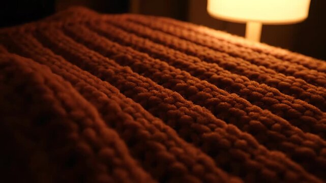 Close-up of a cozy textured blanket under warm lamp light at night