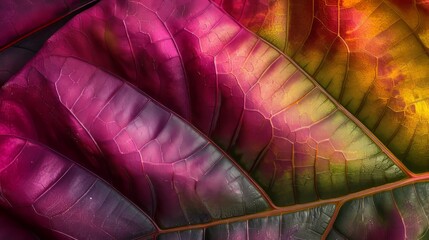 Colorful leaf macro background. Abstract texture of vibrant foliage with detailed vein patterns in magenta, purple, and yellow