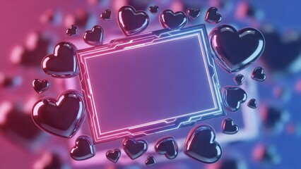 Romantic neon frame with glossy heart shapes for Valentine's Day and love themed promotions
