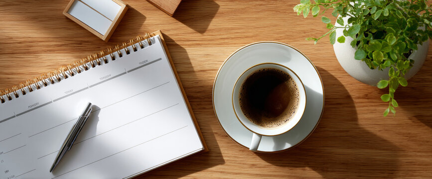Top view of a wooden desk with a weekly planner, silver pen, cup of coffee on saucer, and a green potted plant in natural light