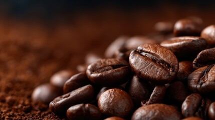 Fototapeta premium An artistic close-up view of freshly roasted coffee beans showcases their rich, dark color and texture, symbolizing energy, warmth, and the sensory pleasures of coffee culture.