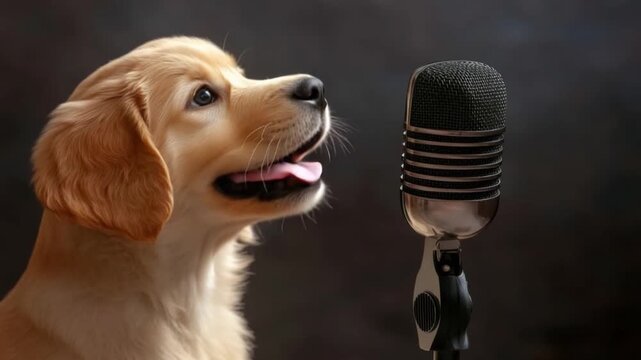 A golden retriever dog eagerly approaches a microphone. This adorable pup seems ready for a musical performance. Watch this charming moment unfold. Generative AI
