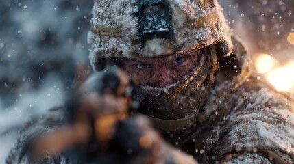 Obraz premium A close-up of a soldier bracing the harsh winter battlefield, wearing camouflage gear and focusing intensely, embodying courage and resilience in a freezing environment.