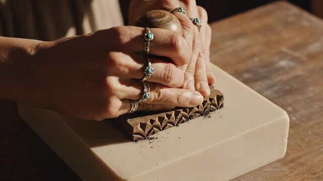 Close-up of hands pressing a patterned stamp into clay, creating an intricate design on a ceramic piece.