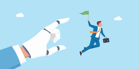 Robot hand pointing at businessman holding a flag in the sky