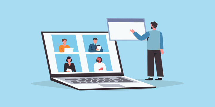 Man presenting during a video conference meeting with colleagues on a laptop