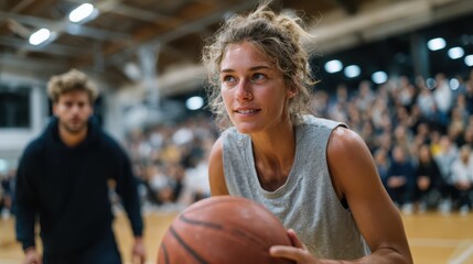 A young woman displays fierce determination as she prepares to take a shot during an energizing basketball game in a packed gym, highlighting athletic spirit.
