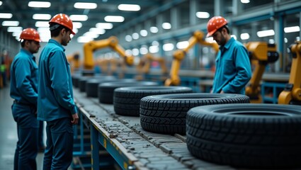 Workers inspect tires on a conveyor belt in a modern factory with robotic arms ensuring quality and efficiency in automotive production