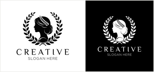 Elegant logo design featuring a woman's silhouette framed by a laurel wreath, in both black and white variations.