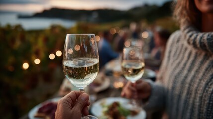 A beautifully captured moment of people toasting with glasses of white wine, set against a backdrop of a vineyard at dusk, symbolizing joy and togetherness during celebrations.