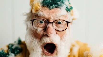 A humorous and joyful image of an older man covered in bubbles, displaying surprise and delight, perfectly capturing the fun and whimsy of a playful moment.