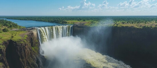 Fototapeta premium Aerial View of Victoria Falls and Zambezi River, showing Powerful Waterfalls, Dam Structure, Lush Landscape, and Misty Gorge
