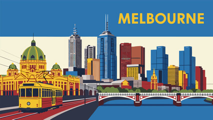 Melbourne skyline illustration featuring iconic tram, architectural landmarks, and bridge, in vibrant blue and yellow colors