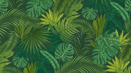 Tropical leaf pattern featuring monstera, palm, and fern foliage in various shades of green