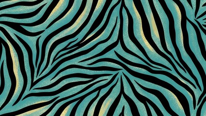 Abstract zebra stripe pattern in teal and black with golden highlights