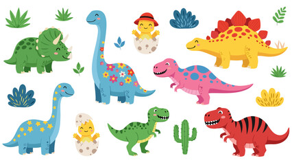 Charming Cartoon Dinosaurs Set Playful Illustration of Various Dino Species, Hatchlings, and Jungle Plants