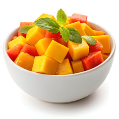 A white bowl filled with cubed mango and watermelon garnished with fresh mint leaves on top