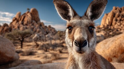 Fototapeta premium Close-up portrait of kangaroo staring at camera in Australian outback landscape with granite boulders and blue sky background and fur detail.