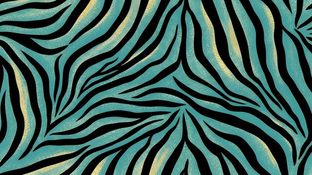 Abstract zebra stripe pattern in teal and black with golden highlights