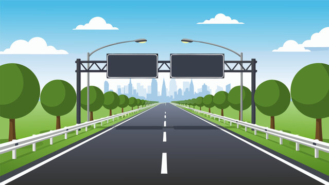 Scenic Highway Illustration with Cityscape Background and Lush Greenery