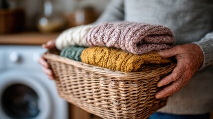 Obraz premium A person holds a basket filled with beautifully layered knitted blankets. The soft textures and warm colors evoke a sense of comfort and home relaxation.