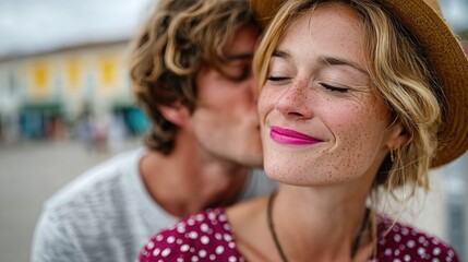 A joyful couple smiles and shares a tender moment with loving expressions, showcasing affection and connection, set against a charming backdrop that enhances their warmth.