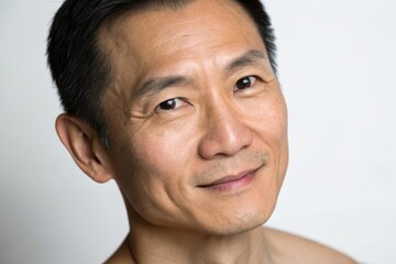 Obraz premium Man with a warm smile and short hair against a neutral background.