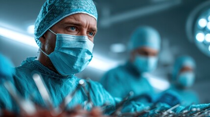 A focused surgeon in scrubs performs surgery while surrounded by medical staff. The image underscores the importance of precision, skill, and teamwork in healthcare.