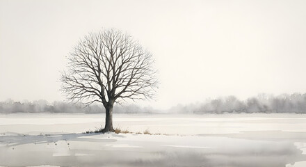 Fototapeta premium Solitary tree snowy winter landscape watercolour painting