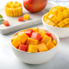 Close up of two white bowls filled with cubed mango and papaya and a whole mango in background