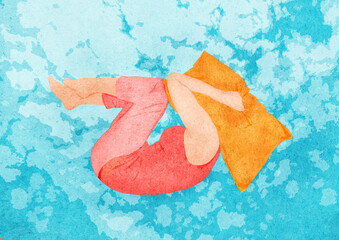 Ilustracja młoda kobieta skulona z poduszką na głowie na tle chmur i błękitnego nieba.