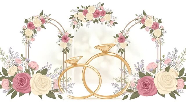 Beautiful depiction of golden wedding bands surrounded by lush floral arrangements and decorative arches, ideal for marriage announcements and event decor
