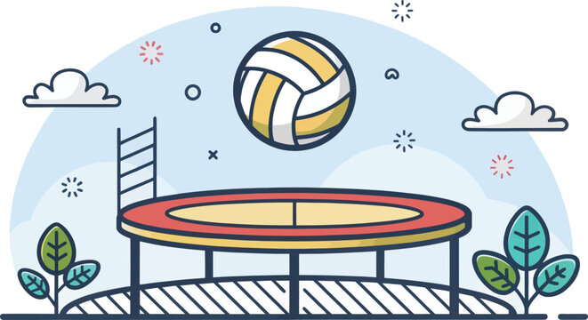 Bossaball players in action on a volleyball trampoline court
