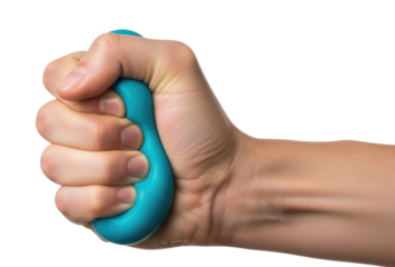 Hand squeezing a teal stress ball transparent background cutout png