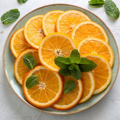 A plate filled with sliced oranges arranged in a circular pattern and garnished with fresh mint leaves