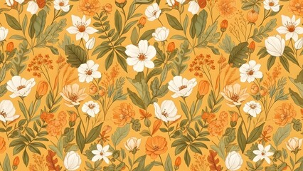 Floral pattern with white and orange flowers on a mustard yellow background