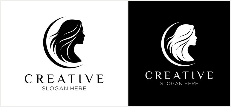 Elegant logo design template with a woman's silhouette and flowing hair, presented in black and white variations.