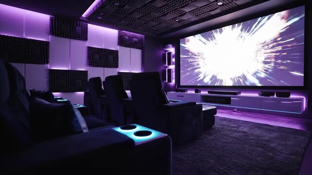 Luxury Home Theater Interior Design with Ambient Purple Lighting and Modern Entertainment System